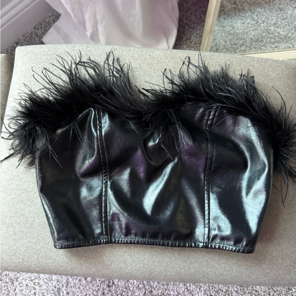 Black Faux Leather Feather Trim Tube Top
